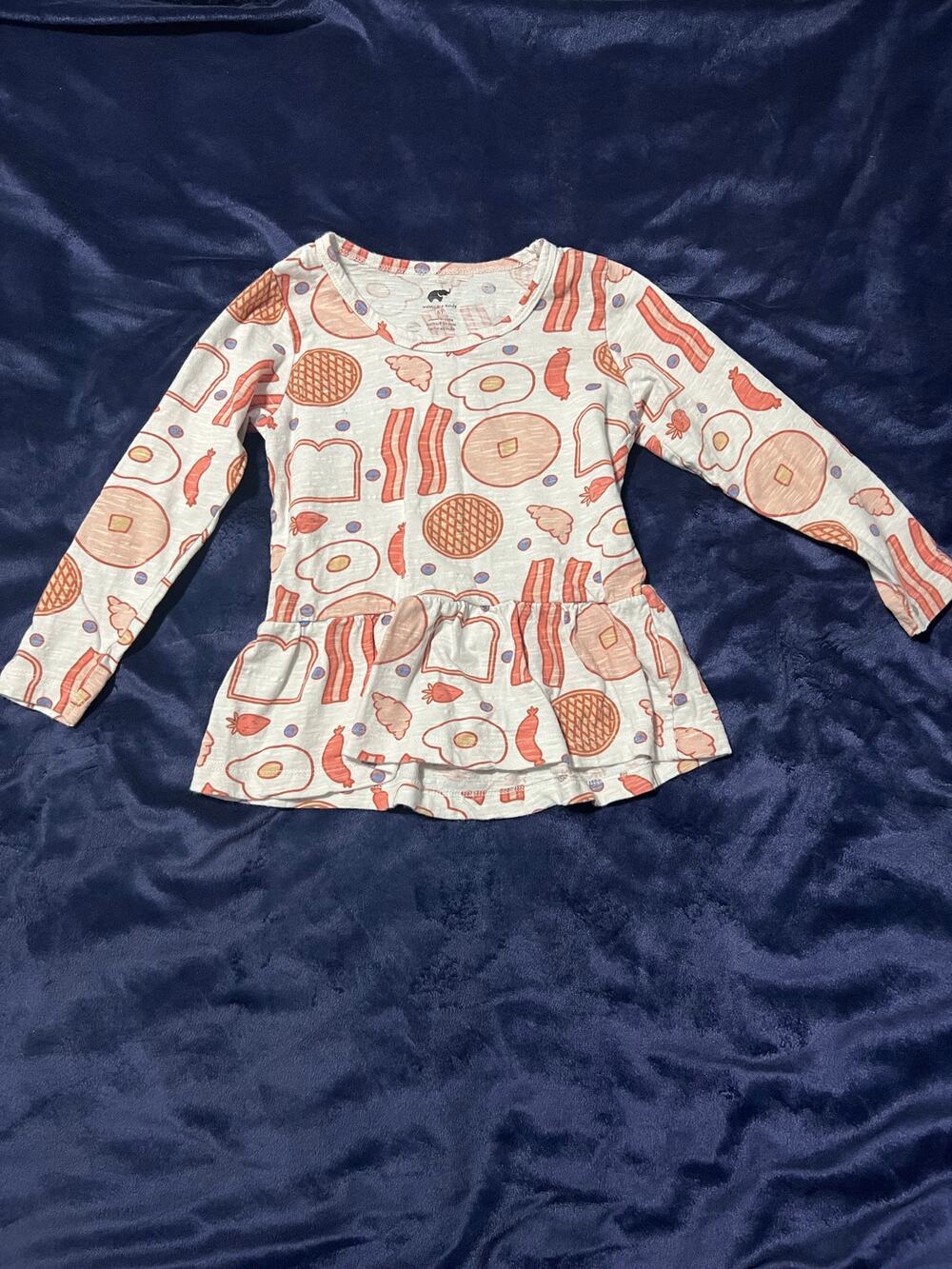 Monica + Andy Girls 5T Organic Cotton Peplum Top Breakfast Print Long Sleeve